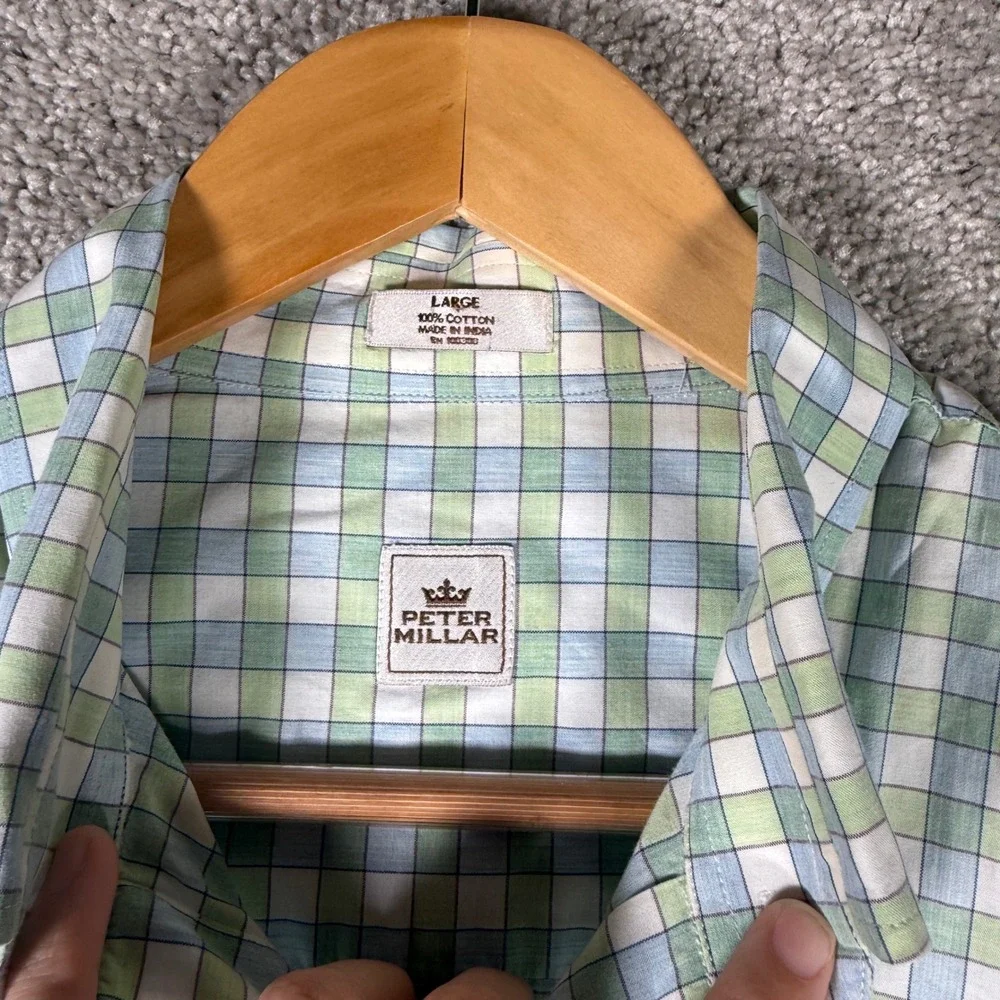 Peter Millar Men's Large Green Blue Gingham Plaid Button Down Shirt Long Sleeve